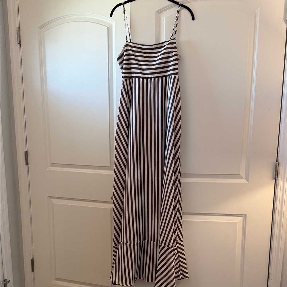 Striped Brown and White Maxi Dress - Sleeveless Spaghetti Strap